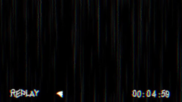 Distorted "REPLAY" text and timecode on a black screen with vertical static lines. Replicates a damaged, glitchy vintage VHS tape playback.
