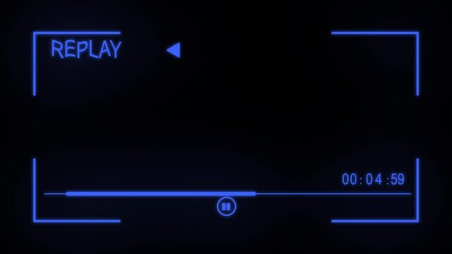 Blue glowing neon UI overlay showing a video replay screen with timecode, playback bar, and rewind arrows. Futuristic or digital retro vibe.
