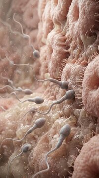 Biological process commence: human reproduction, sperm navigation, internal view, female system, early development, complete fertilization.