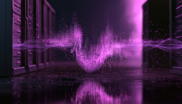 Digital data streams flow between server racks, creating glowing particle clouds