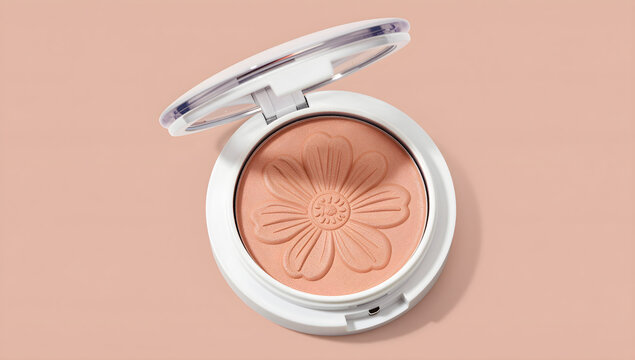 Open compact powder blush with embossed flower pattern
