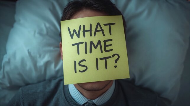 oversized sticky note what time is it covering sleeping man face funny alarm clock wake up call oversleeping late morning comic