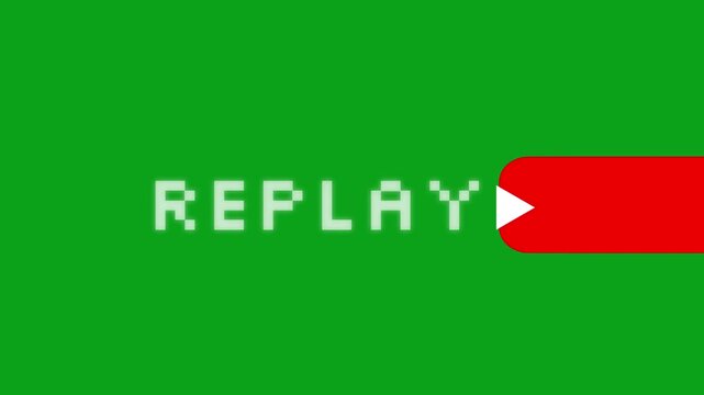 Pixelated "REPLAY" text inside a red button with arrows, set against a solid green screen for easy chroma key extraction. Retro UI concept.