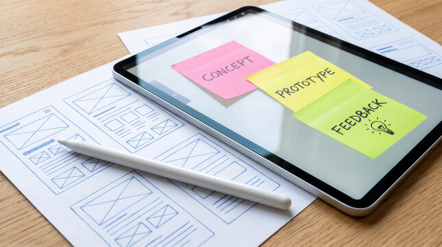 Digital tablet with sticky notes showing concept, prototype, and feedback process on a wooden desk with wireframe sketches and stylus pen