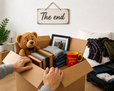 Caja con recuerdos por separaci&oacute;n y ruptura final de pareja sentimental y cartel letrero the end por divorcio y desamor recoger y guardar objetos