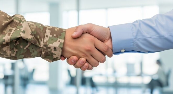 Handshake Between Military Soldier in Camouflage Uniform and Businessman in Office Setting Representing Cooperation