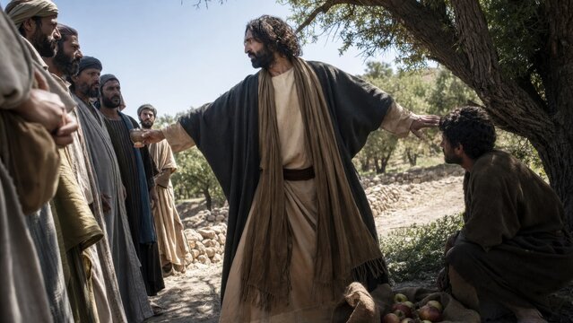 Jesus preaching to his disciples and blessing a man sitting under a tree. Biblical scene representing the Sermon on the Plain, teaching love for neighbors and divine mercy in nature.