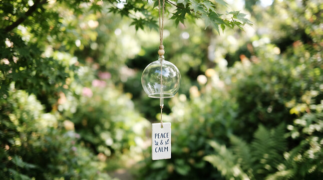 Glass Wind Chime with Peace and Calm Tag Hanging in Green Garden