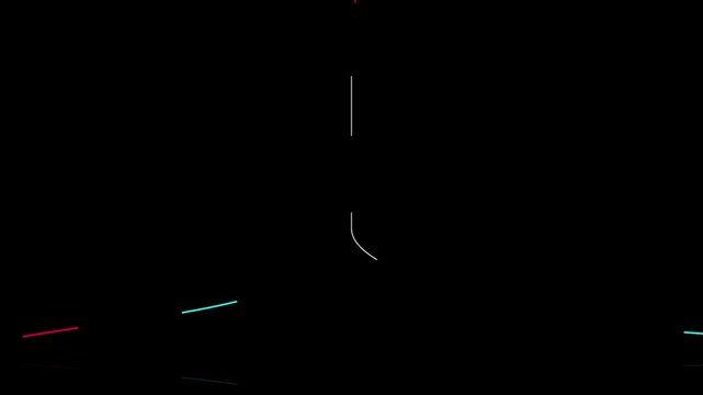 A minimalist motion graphics animation featuring thin, colorful curved lines moving across a dark background in a rhythmic sequence.