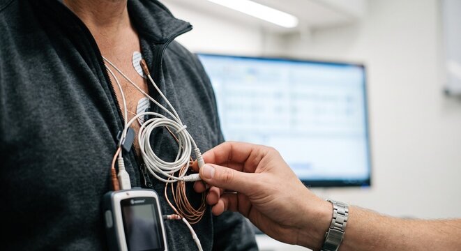 Medical professional attaching ECG electrodes to patient during a cardiology examination using a portable Holter monitor for heart rate tracking