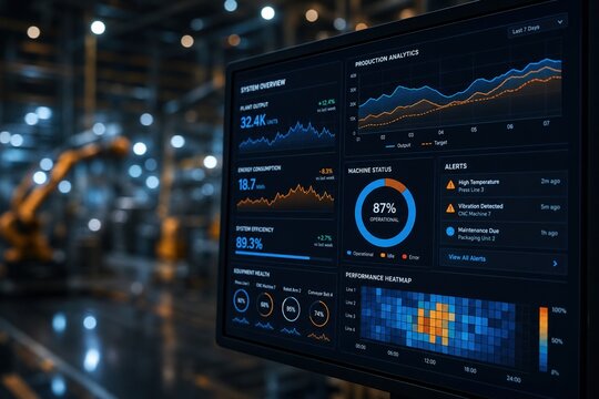 Digital monitor displaying industrial production analytics dashboard with real-time data on machine status, system efficiency, and performance metrics in a smart factory