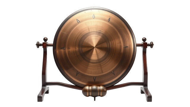 Traditional bronze gong with wooden stand on black background