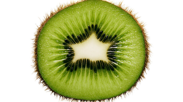 Close-up of a vibrant green kiwi slice with fuzzy brown skin, isolated on transparent background
