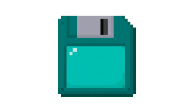 Pixelated teal floppy disk icon with grey metal slider, isolated on transparent background