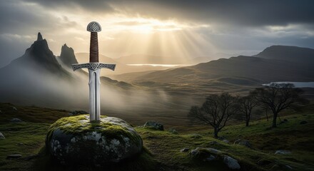 Obraz premium Legendary Medieval Sword Stuck in a Mossy Rock in a Dramatic Mountain Landscape with Sunbeams