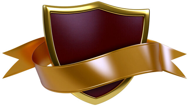 Ornate golden shield with maroon insert and flowing ribbon, isolated on transparent background