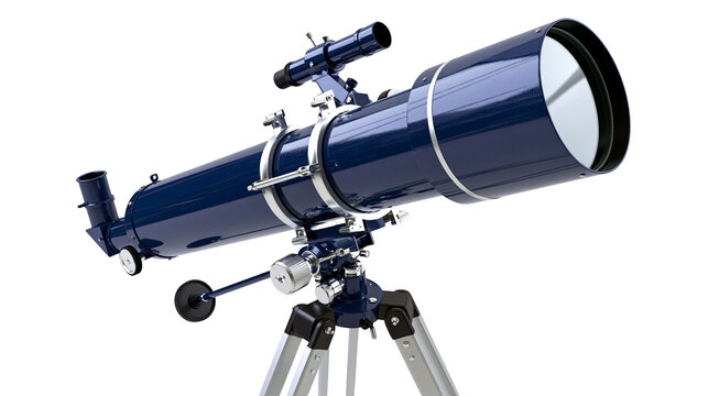 Deep blue astronomical telescope with tripod, isolated on transparent background