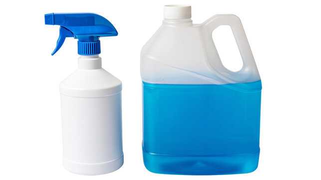 White plastic spray bottle with blue trigger next to large jug of blue liquid, isolated on transparent background