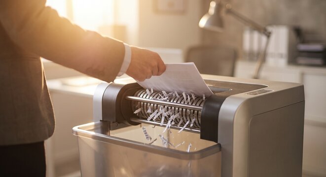 Paper shredder machine destroying sensitive office documents as a businessman feeds confidential paper sheets into the device for secure disposal and data protection