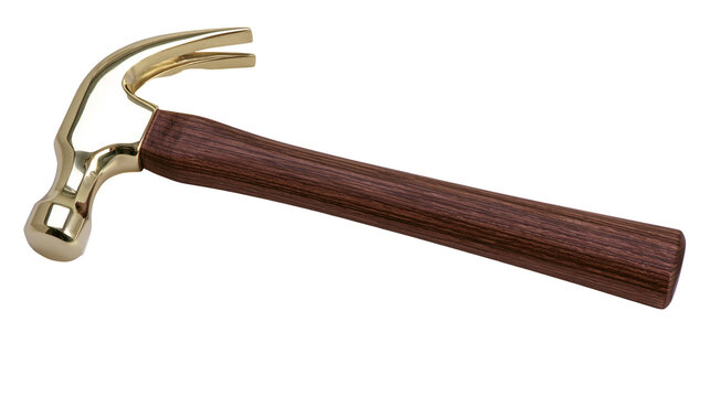Polished brass claw hammer with dark wood handle, isolated on transparent background