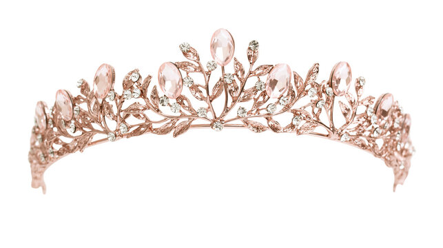 Rose gold tiara with pink oval gemstones and clear rhinestones, isolated on transparent background
