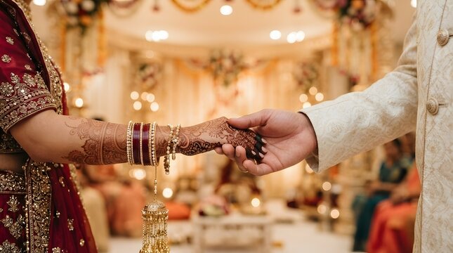Indian bride and groom holding hands. Couple in traditional wedding attire at ceremony.