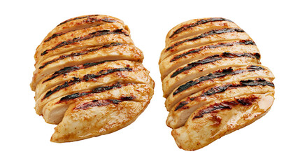 Two grilled chicken breast halves with dark grill marks, isolated on transparent background © Nolan