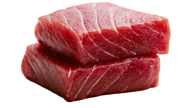 Two raw red tuna steaks stacked, isolated on transparent background