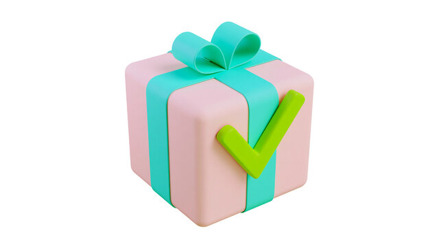 Pink gift box with teal ribbon and green checkmark, isolated on transparent background