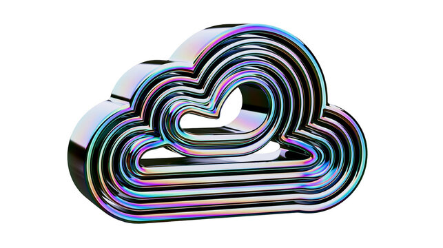 Iridescent chrome cloud shape with layered contours, isolated on transparent background