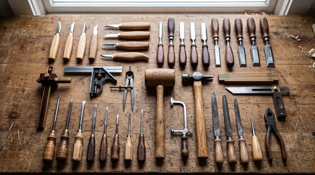 Collection of traditional woodworking tools neatly arranged on wooden workbench, illuminated by natural light, symbolizing craftsmanship, precision, and artisanal resonance.