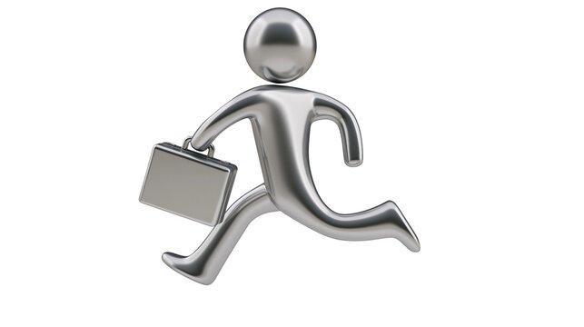 Shiny chrome businessman figure running with briefcase, isolated on transparent background