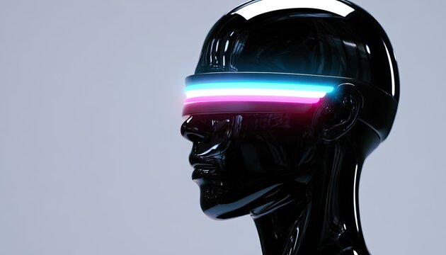 Sleek black android head with glowing neon visor on a pale background