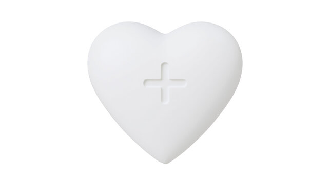White heart shape with embossed plus symbol, isolated on transparent background