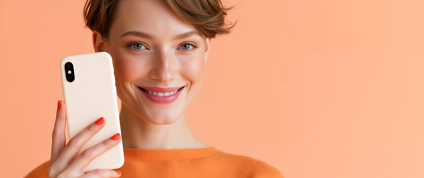 Smiling young woman holding smartphone on orange background. Female person showing mobile phone back. Technology and communication concept