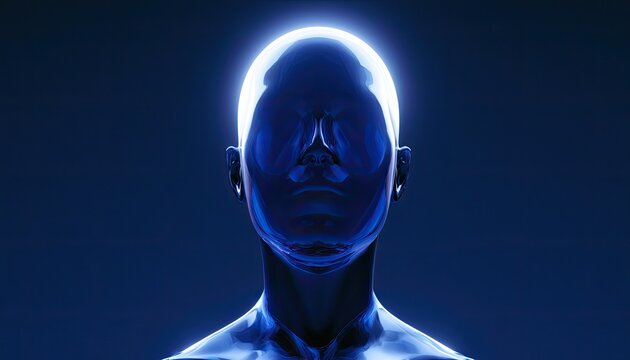 A gleaming blue robotic head illuminated from behind, with a dark background