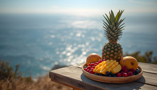 Fresh tropical fruit platter on wooden table with ocean view background
