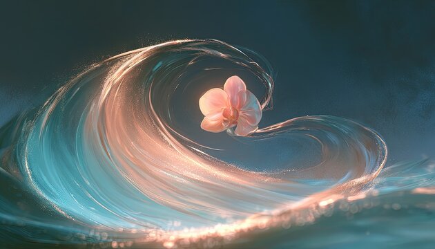 A delicate peach orchid floats suspended within a luminous, translucent wave