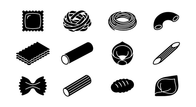 Italian Pasta Shapes Vector Icons, Diverse Dry Noodle Collection, Culinary Food Graphics