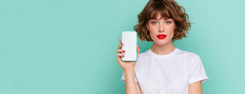 Young woman with short wavy hair holding smartphone with blank screen on mint green background. Blank area for text. Technology and communication concept