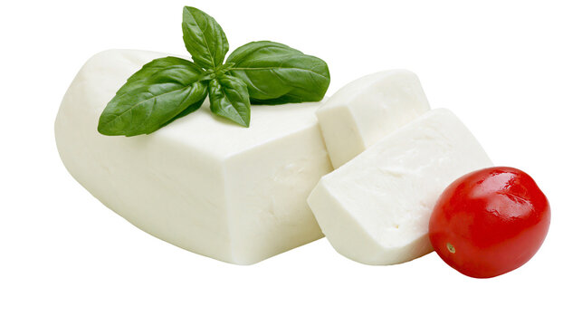 Fresh mozzarella cheese block with basil leaves and cherry tomato, isolated on transparent background
