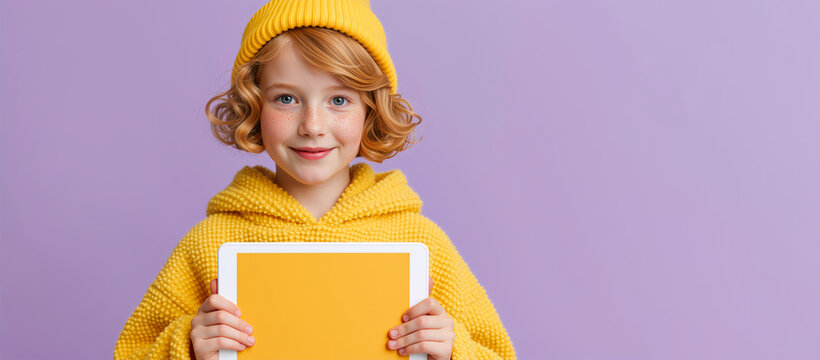 Smiling young girl holding tablet with blank screen on purple background. Child with red hair in yellow beanie and hoodie showing display for text