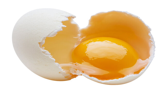 Cracked white egg with bright yellow yolk spilling out, isolated on transparent background