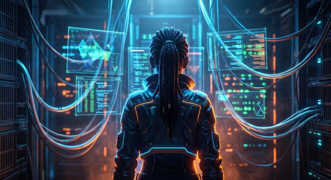 A futuristic female hacker with braided hair standing in front of glowing holographic screens and server racks in a high-tech digital control center