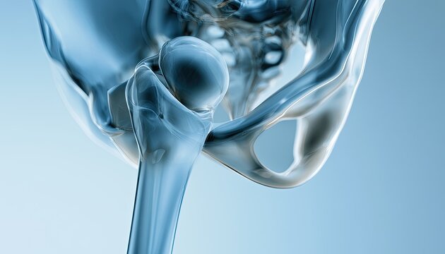 Transparent 3D anatomical rendering of a healthy human hip joint and pelvis
