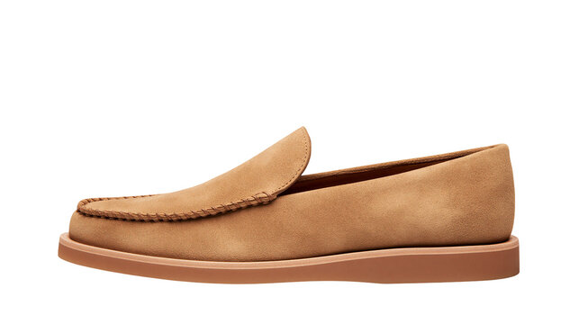 Tan suede loafer shoe with detailed stitching, isolated on transparent background