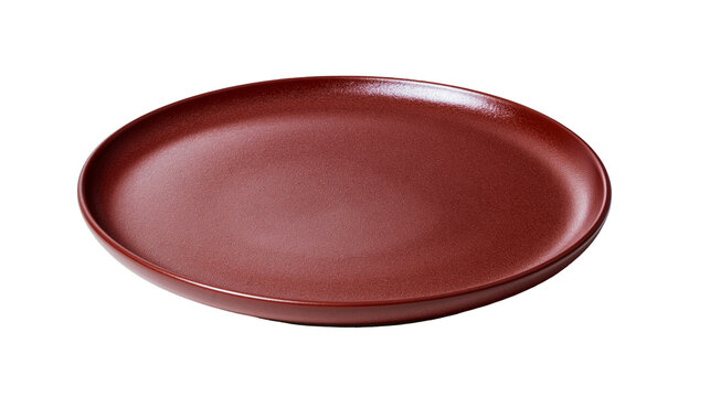 Matte red ceramic plate with textured surface, isolated on transparent background