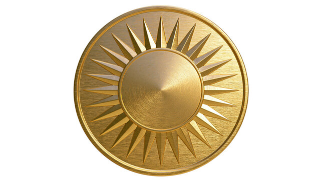 Polished golden sun medallion with sharp rays, isolated on transparent background