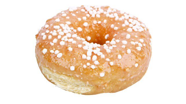 Golden glazed donut with white sugar pearls, isolated on transparent background