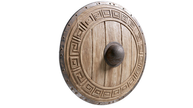 Round wooden shield with metal rim and Greek key pattern, isolated on transparent background